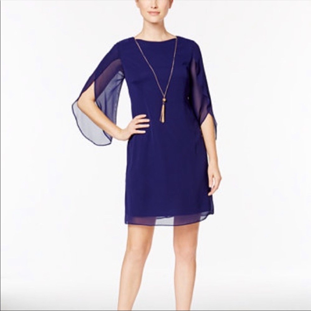 SLNY Chiffon Split-Sleeve Necklace Shift Dress